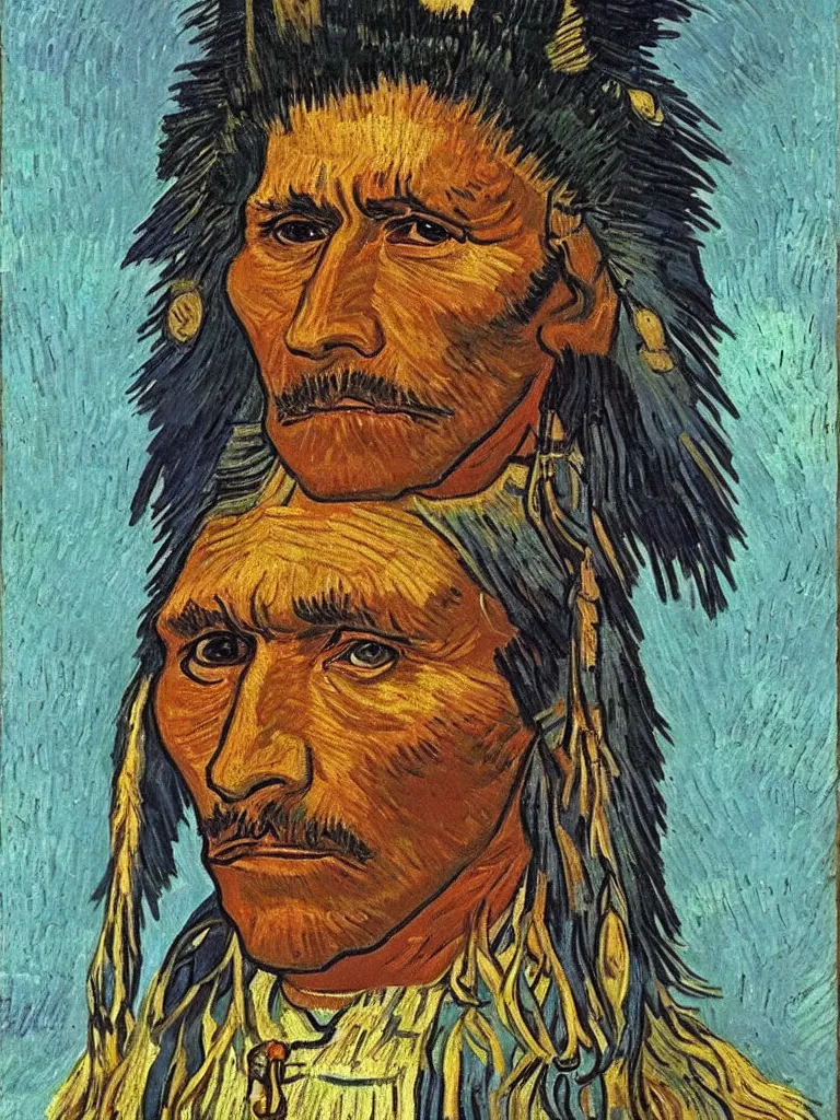 Image similar to Chief of the Native American tribe, portrait by Van Gogh