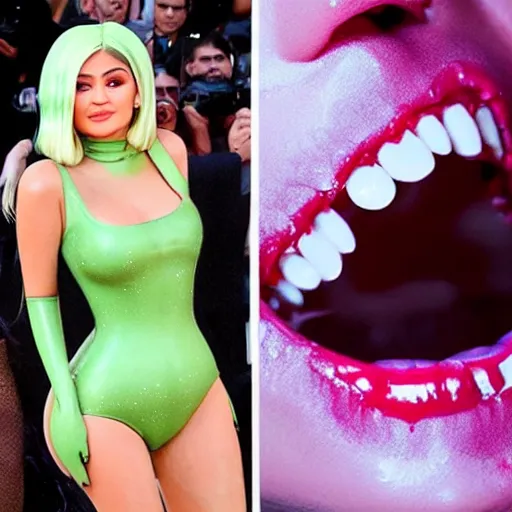 Prompt: kylie jenner being lickjed menacingly by an xenomorph, highly detailed, photorealistic, hyper realistic, slime, saliva, smooth