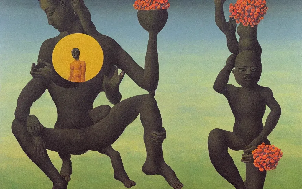 Image similar to black hindu god golden meadow, detailed painting by rene magritte