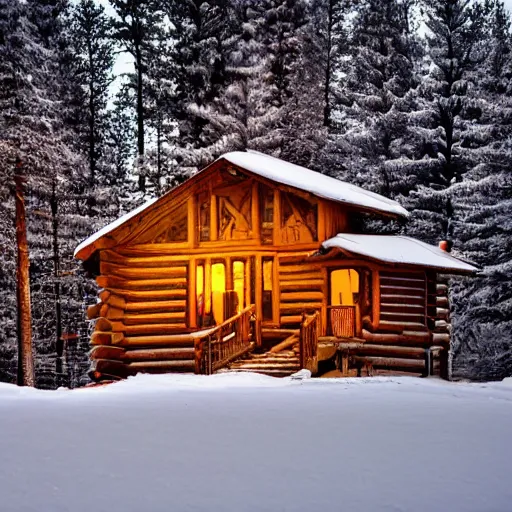 Prompt: log cabin, snow, forest, lake, one room with light on, rule of thirds