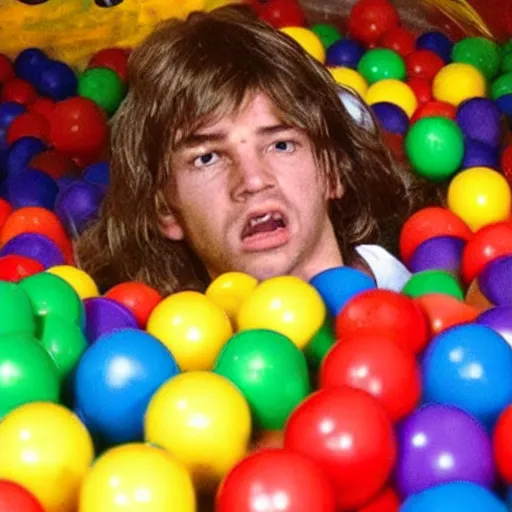 Image similar to Jesus playing in a ball pit with Master Chief from the Halo Franchise. There are balls flying around everywhere and eyes peeking out from in between the balls in the pit. Award winning photograph, HD