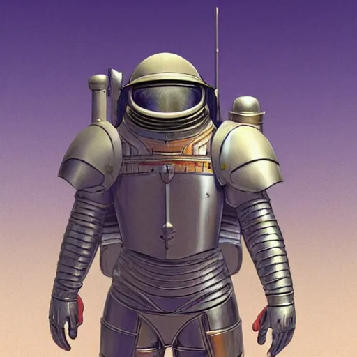 Image similar to a crusader knight in middle age armor on the moon in the style of no man's sky, styles : cloisonnism, syd mead, moebius