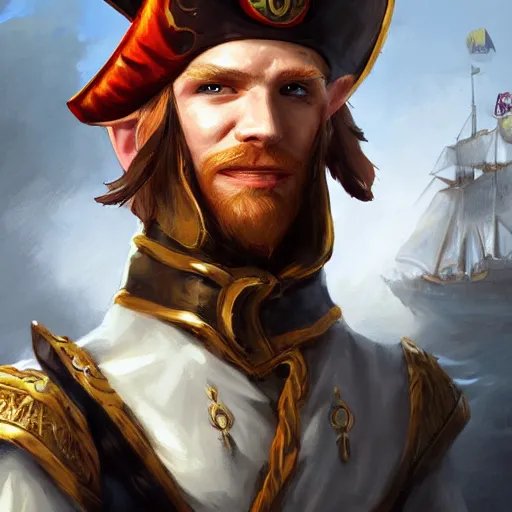 Prompt: dashing charming ginger grinning charismatic elf male rogue, wearing pirate captain's tricorne hat, naval background, amazing, trending on art station, artgerm, Greg rutkowski