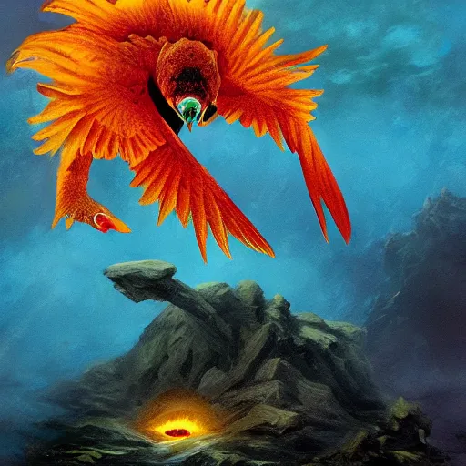 Prompt: the eldritch sun conure rises from the deep, surging with dark power