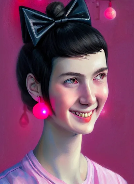 Image similar to portrait of high school girl, realistic, black hair, bangs, half updo hairstyle, pointy nose, skinny, smile, ugly, defined jawline, big chin, pink hair bow, earrings, intricate, elegant, glowing lights, highly detailed, digital painting, artstation, sharp focus, illustration, art by wlop, mars ravelo and greg rutkowski