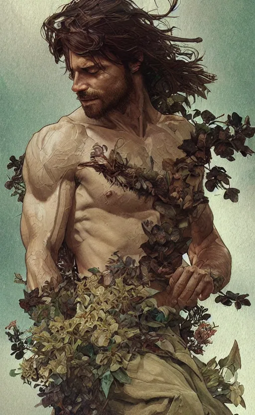 Image similar to god of the forest, 3 0 years old, rugged, male, gorgeous, detailed face, amazing, thighs!!!!!!, flowers, muscular, intricate, highly detailed, digital painting, artstation, concept art, sharp focus, illustration, art by greg rutkowski and alphonse mucha