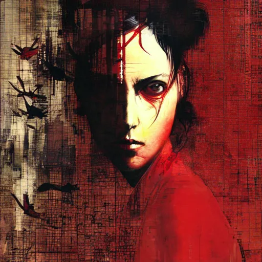 Prompt: portrait of a nostalgic latina in red monk habit being progressively rasterized into pixels from another world, she is surrounded by digital birds, oil on canvas by yoji shinkawa, esao andrews, dave mckean and stina persson