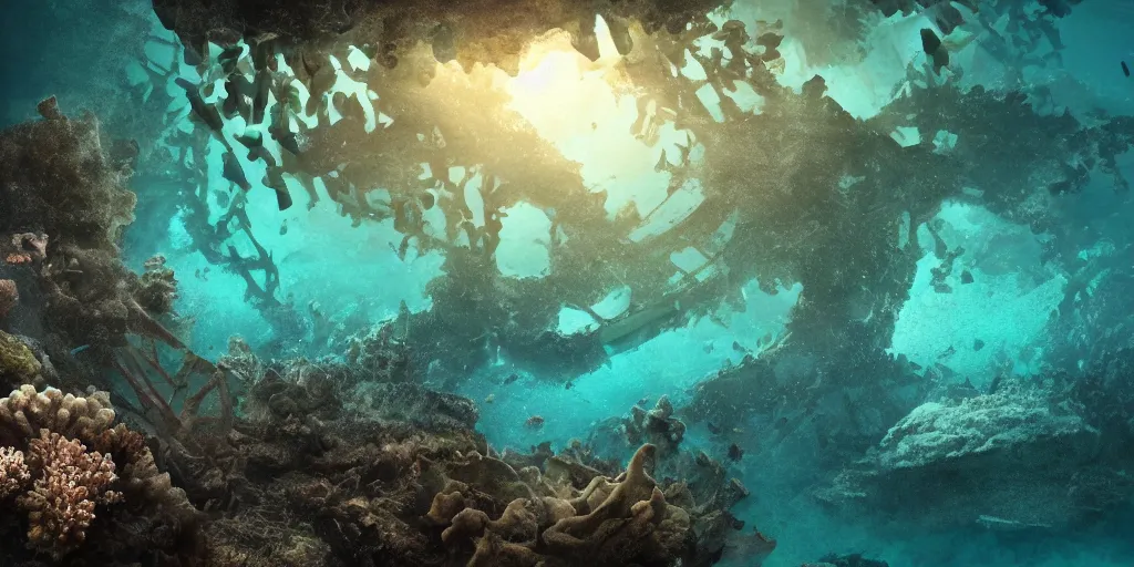 Image similar to underwater shipwreck!!! surrounded by coral and dolphins and sea turtles, caustics, shallow depth of field, moody lighting, 8 k, concept art,