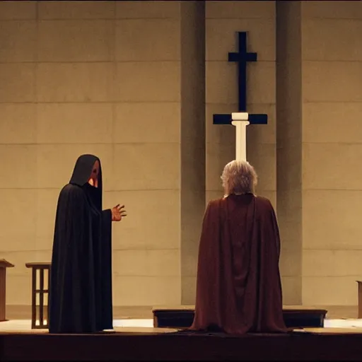 Image similar to emperor palpatine preaching to people at church, 8k cinematic lighting, very sharp detail, anatomically correct