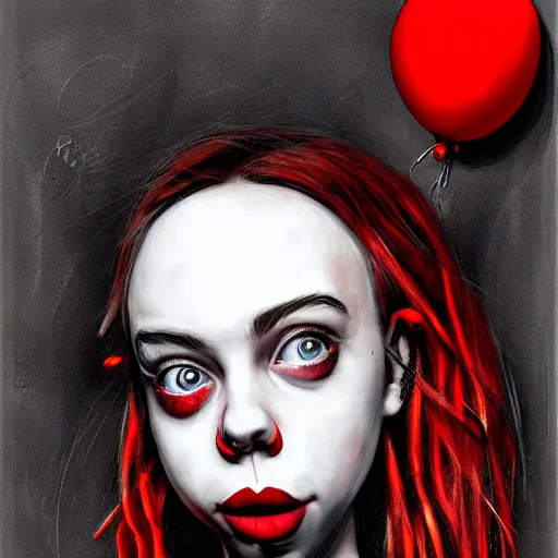 Image similar to surrealism grunge cartoon portrait sketch of billie eilish with a wide smile and a red balloon by - michael karcz, loony toons theme, pennywise theme, horror theme, detailed, elegant, intricate