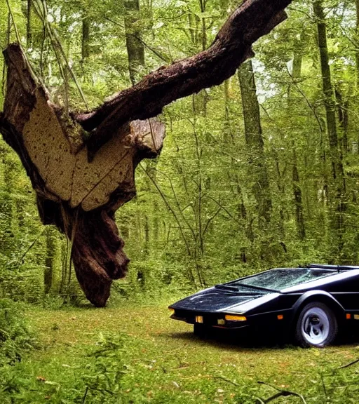 Prompt: 1988 Lamborghini Countach hanging from a tree by invisible force Abandoned in the Woods