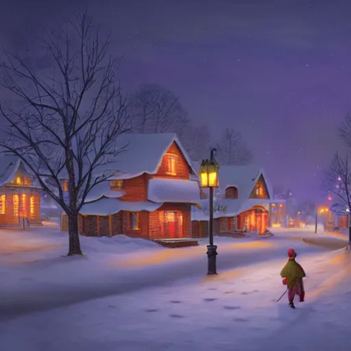 Image similar to town inspired by Evgeny Lushpin,winter,night time,cottages,cinematic,art station