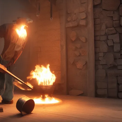 Prompt: Blacksmith creates new element with hammer, arnold render, ultrarealistic, bloom, mythic