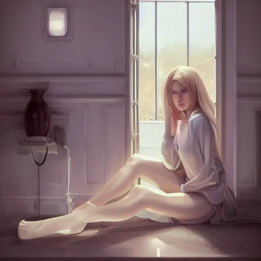 Image similar to cream - colored room, vanilla - colored lighting, marble room, marble slabs, window to night time, night time, warm lighting inside, art by artgerm