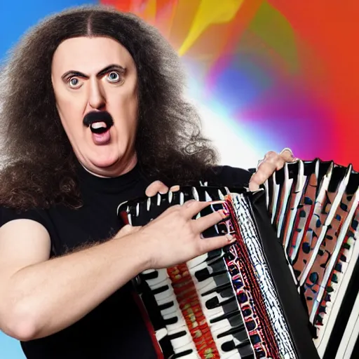 Prompt: weird al yankovic in a rocketship panicking while holding an accordion, close up