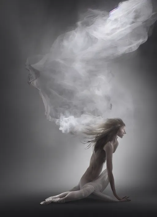 Image similar to a Photorealistic dramatic hyperrealistic render of a glamorous beautiful Female smoke dancer by Ken Brower and Deborah Ory of NYC Dance project,Lois Greenfield,Flowing cloth and smoke,Beautiful dynamic dramatic dark moody lighting,volumetric,shadows,cinematic atmosphere,Octane render,8K