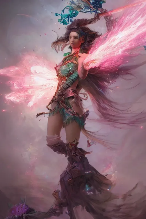 Image similar to beautiful girl necromancer, magical fairy exploding into flowers, angels, 3 d render, hyper - realistic detailed portrait, holding fire and electricity rainbow, ruan jia, wlop. scifi, fantasy, magic the gathering, hyper detailed, octane render, concept art, peter mohrbacher