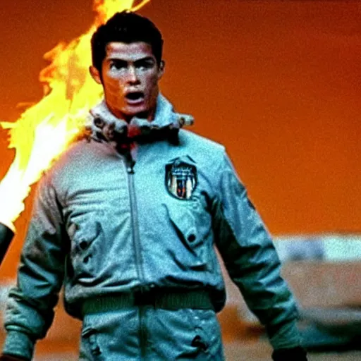 Image similar to movie still of cristiano ronaldo with a flamethrower in the thing (1982), john carpenter, cinematic,