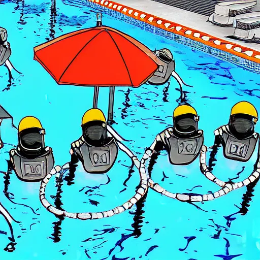 Prompt: digital art, riot police in a swimming pool