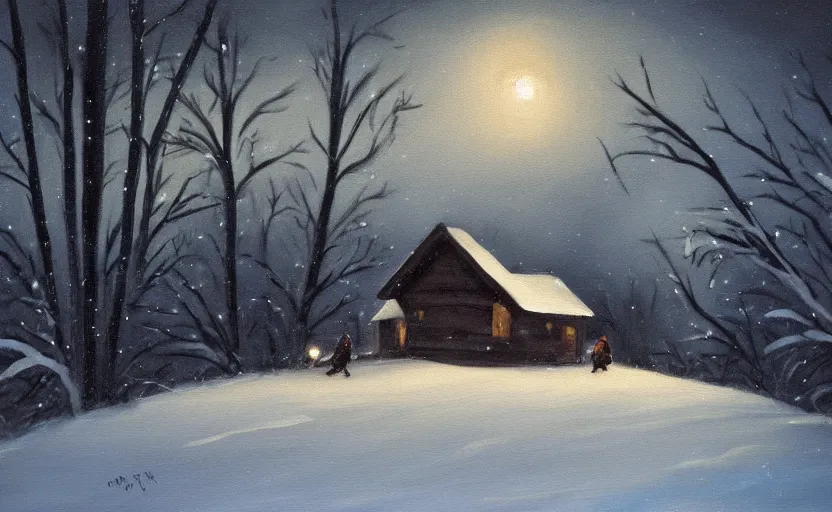 Prompt: snowy very dark night scene depicting a single wooden cabin surrounded by the woods with one bright window. a man running away from it leaving footprints in snow. oil painting.