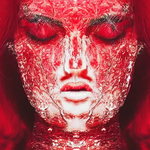 Prompt: female face melting in red glass