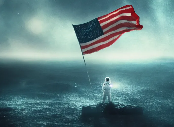 Image similar to astronaut holding a flag in an underwater desert. a submarine is visible in the distance. dark, concept art, cinematic, dramatic, atmospheric, 8 k, trending on artstation, blue, fish, low visibility, fog, ocean floor, christopher nolan, interstellar