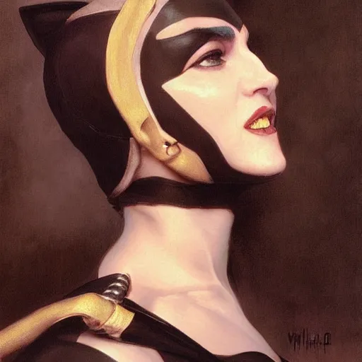 Image similar to Painting of Madonna as Catwoman from Batman Returns. Art by william adolphe bouguereau. Extremely detailed. Beautiful. 4K. Award winning.