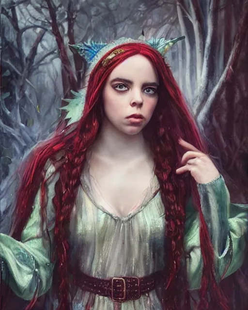 Image similar to billie eilish as a beautiful elf princess, oil painting, by laura sava