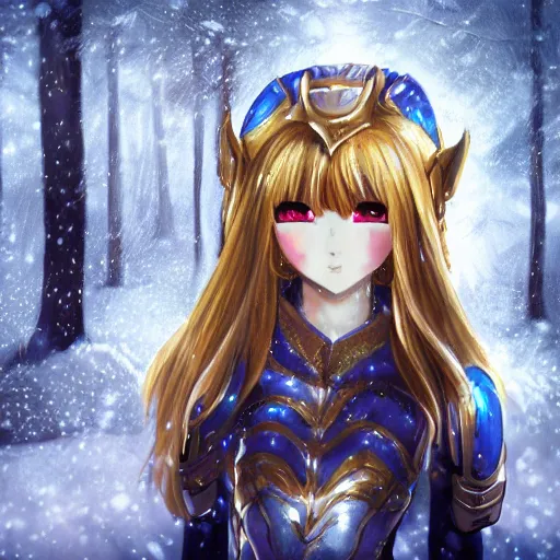 Prompt: portrait focus of knight beautiful 3D anime girl, golden armor wearing, dark forest background, snowing, bokeh, inspired by Masami Kurumada, digital painting, high contrast, unreal engine render, volumetric lighting, high détail