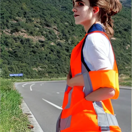 Prompt: emma watson in a hi vis vest picking up trash on the side of the interstate,