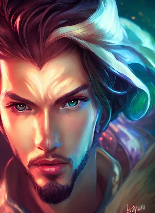 Image similar to handsome lux fortune from league of legends, half body shot, path traced, realistic, highly detailed, high quality, digital painting, hd, alena aenami, lilia alvarado, shinji aramaki, karol bak, alphonse mucha, tom bagshaw