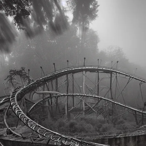 Image similar to abandoned theme park with large rollercoaster that has vines hanging from it, sharp focus, fog, hazy, creepy ambiance, desaturated, highly detailed, artgerm, rutkowski