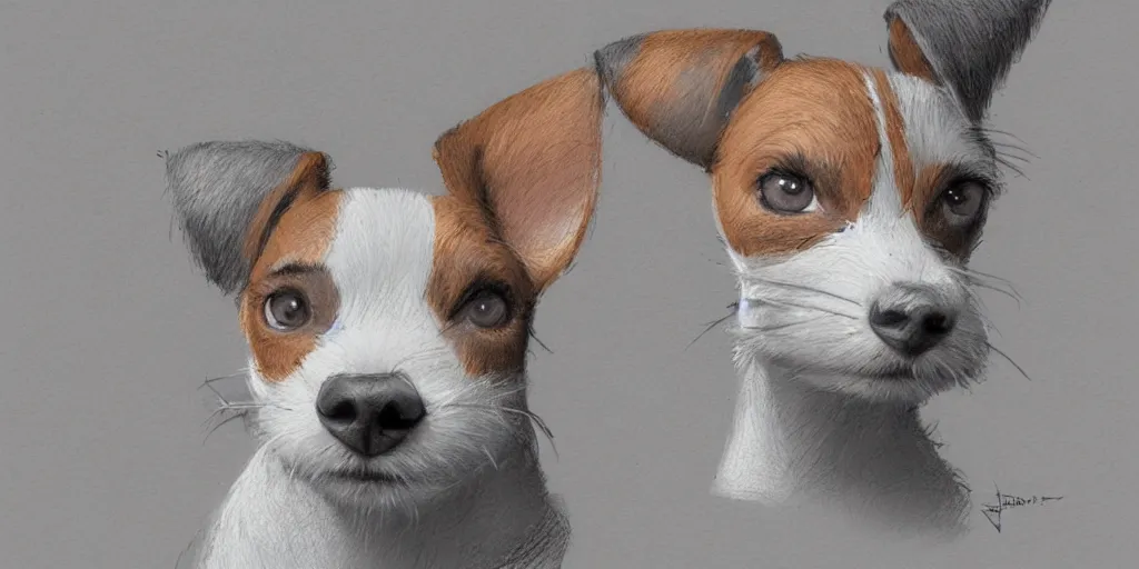 Prompt: jack russel terrier, portrait, character exploration, focus, highly detailed, zootopia concept art, illustration, sketch by cory loftis