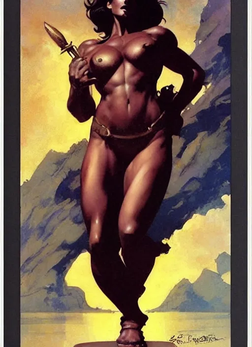 Image similar to mighty golden saint girl, strong line, deep color, beautiful! coherent! by frank frazetta, by brom, low angle