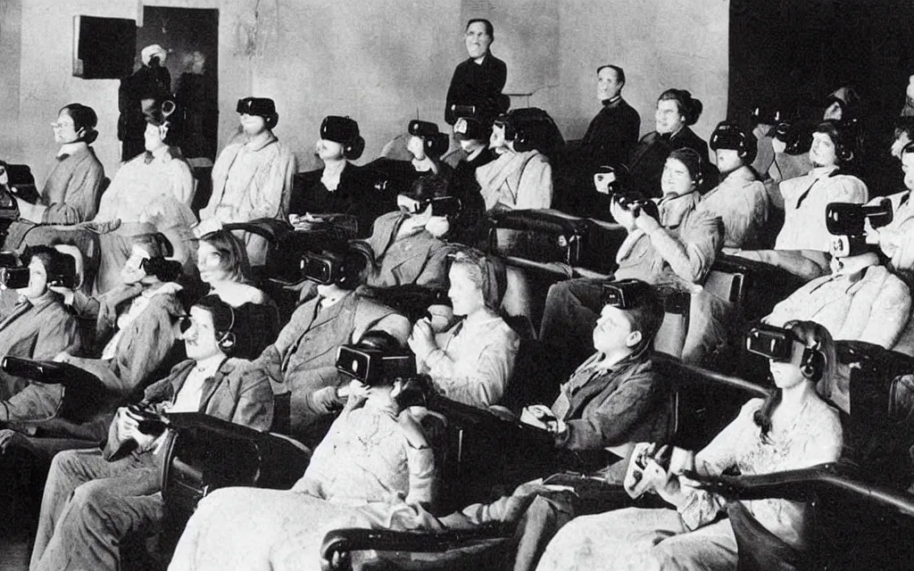 Image similar to 1 9 0 0 s photo of people using iphones ipods virtual reality headsets vr watching hd tv in a movie theater