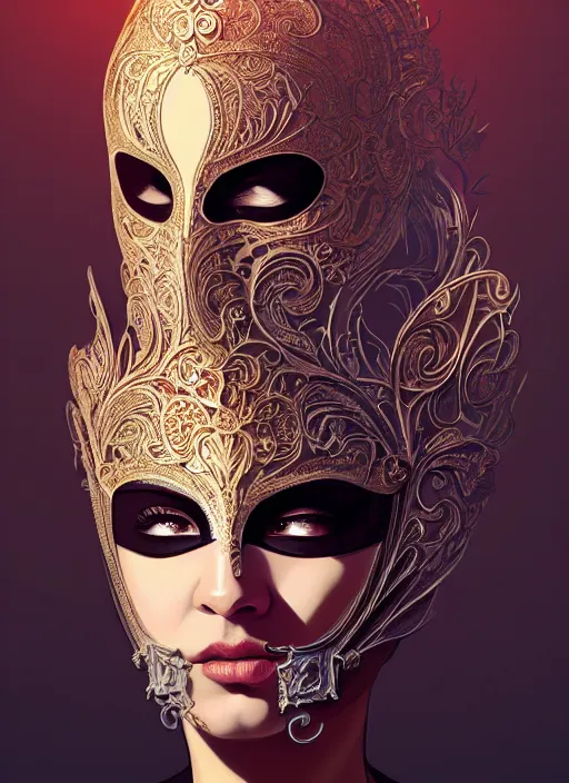 Prompt: a beautiful half - masked woman wearing a venetian mask, intricate, elegant, highly detailed, digital painting, artstation, smooth, sharp focus, cyberpunk darksynth, dramatic lighting, illuminated lines, outrun, vaporware, intricate venetian patterns, by ruan jia and ilya kuvshinov and alphonse mucha