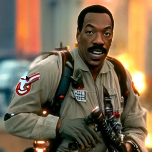 Prompt: awe inspiring Eddie Murphy playing a Ghostbuster in a still from the movie Ghostbusters 8k hdr
