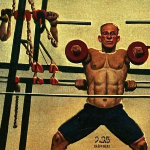 Prompt: buff benjamin netanyahu lifting weights at the gym, highly detailed, volumetric lighting, by norman rockwell