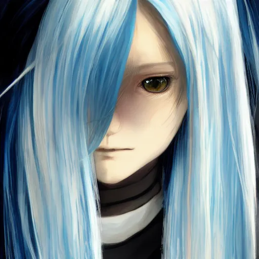 Image similar to full face shot of rimuru tempest, sky blue straight hair, long bangs, closed eyes, wearing a fancy black jacket, high collar, ultra detailed, brush strokes, digital painting, cinematic, wlop artstation, closeup, pixiv, eerie, scary, overpowering, evil, yoshitaka amano, andy warhol,