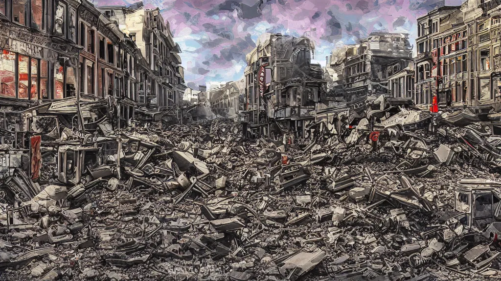 Image similar to the pain and chaos of a town being bombed on market sunday, digital art