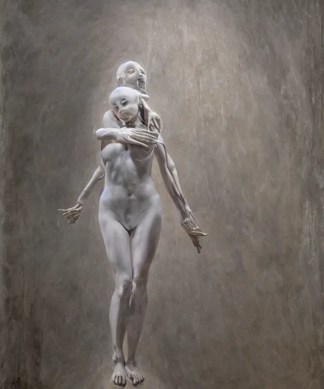 Image similar to Beautiful full-body wax sculpture of glowing transparent woman with visible bones covered with melted white candle wax inside the singularity where stars becoming baroque folds of dark matter by Michelangelo da Caravaggio, Nicola Samori, William Blake, Alex Grey and Beksinski, dramatic volumetric lighting, highly detailed oil painting, 8k, masterpiece