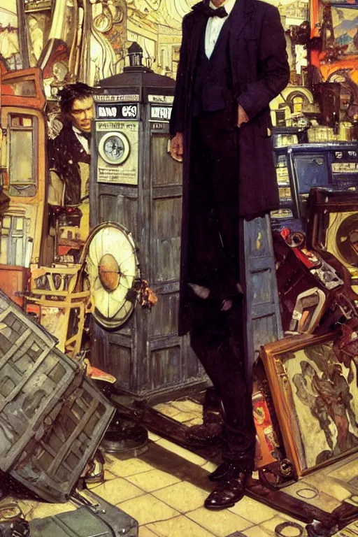 Prompt: The Second Doctor standing next to the TARDIS, portrait by Stanley Artgerm Lau, greg rutkowski, thomas kindkade, alphonse mucha, loish, norman Rockwell