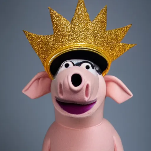 Image similar to studio photograph of a happy pig wearing a gold crown depicted as a muppet standing full body