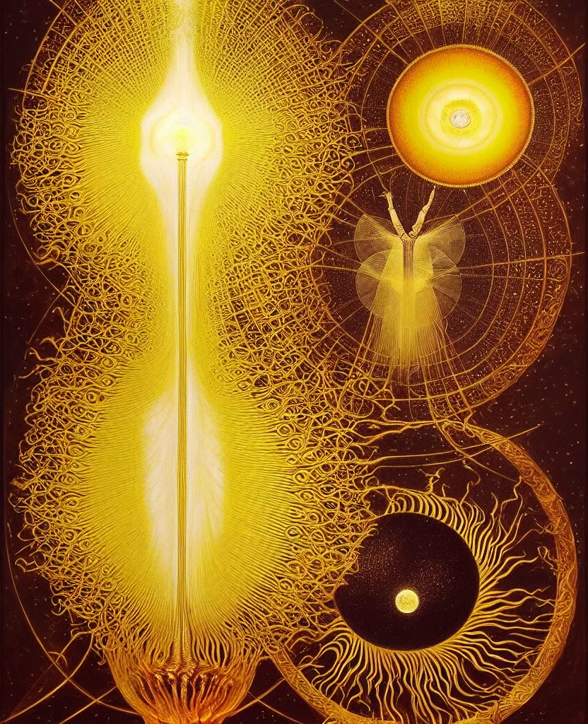 Image similar to a golden child radiates a unique canto'as above so below'while being ignited by the spirit of haeckel and robert fludd, breakthrough is iminent, glory be to the magic within, in honor of saturn, painted by ronny khalil