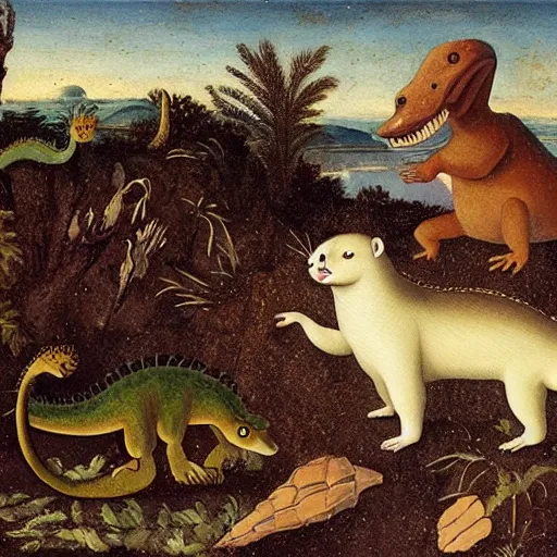 Prompt: a ferret and a dinosaur in love, flemish painting