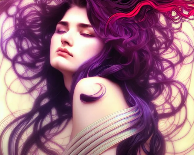 Image similar to overlord, psychedelic flowing hair, close eyes, portrait, highly detailed, deep focus, elegant, digital painting, smooth, sharp focus, illustration, ultra realistic, 8 k, art by artgerm and alphonse mucha