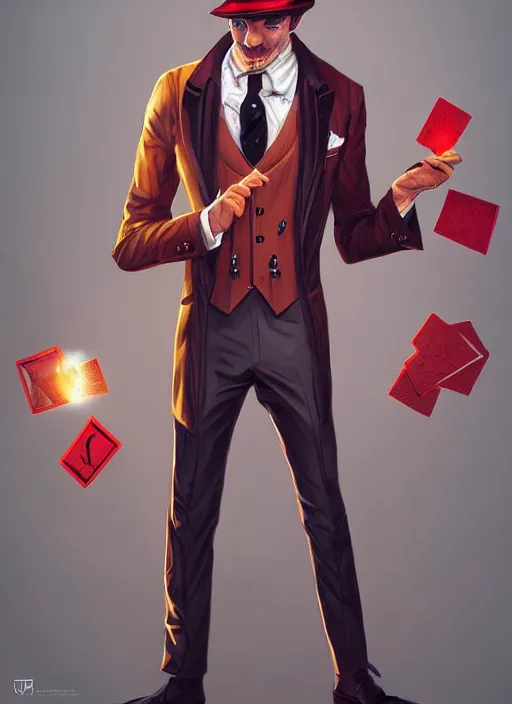 Image similar to a highly detailed illustration of stylish top hat wearing red haired attractive man, wearing suit vest, flashy card trick pose, intricate, elegant, highly detailed, centered, digital painting, artstation, concept art, smooth, sharp focus, league of legends concept art, WLOP