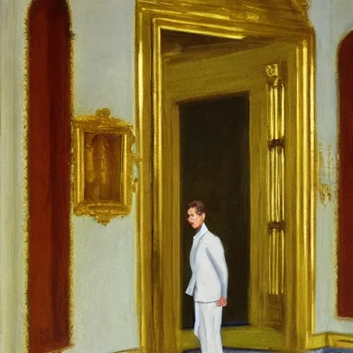 Image similar to Prince with gold clothes in a white palace by Edward hopper