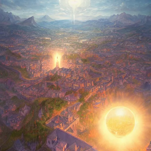 Prompt: aerial view of a medieval town situated below an orb of light hanging in the sky. bright orb, by alan lee by peter mohrbacher, trending on artstation sharp focus vfx key shot
