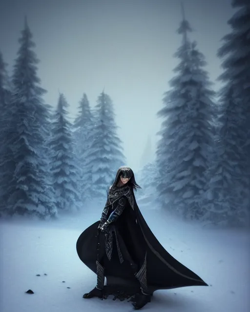 Image similar to beautiful male elf, long hair, elegant, super detailed, black dress with silver accenting, silver very ornate jewelry, cape, 8 k, cinematic, backlight, octane render, dusk, sky, snowy landscape, warm lighting, artstation, greg rutkowski, rossdraws, william bouguereau, sharp focus